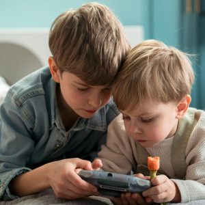 Two young brothers playing with a handheld game console, focused and engaged indoors.