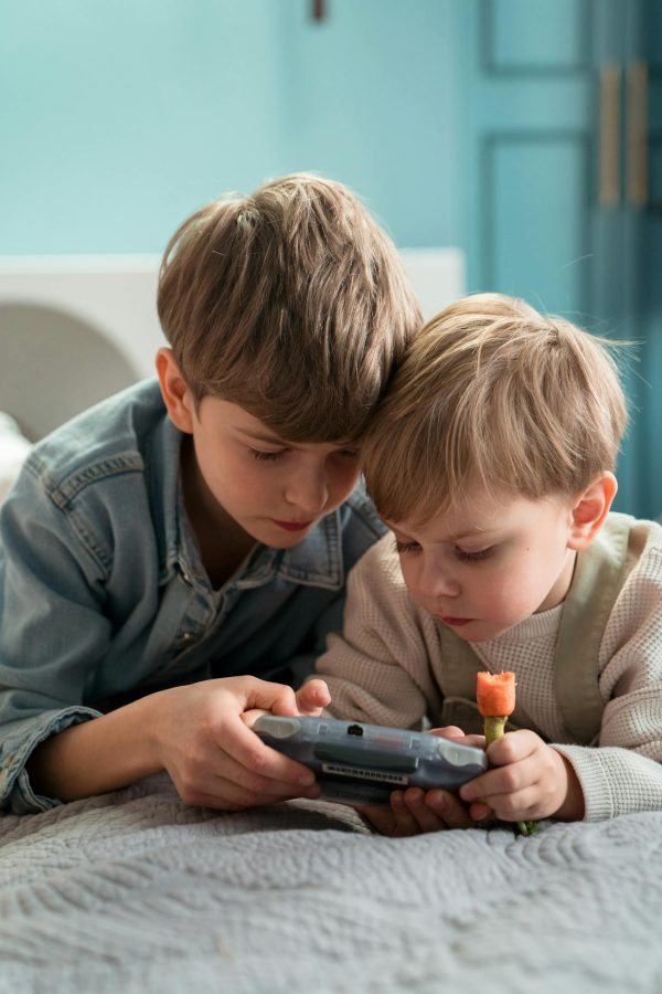 Two young brothers playing with a handheld game console, focused and engaged indoors.